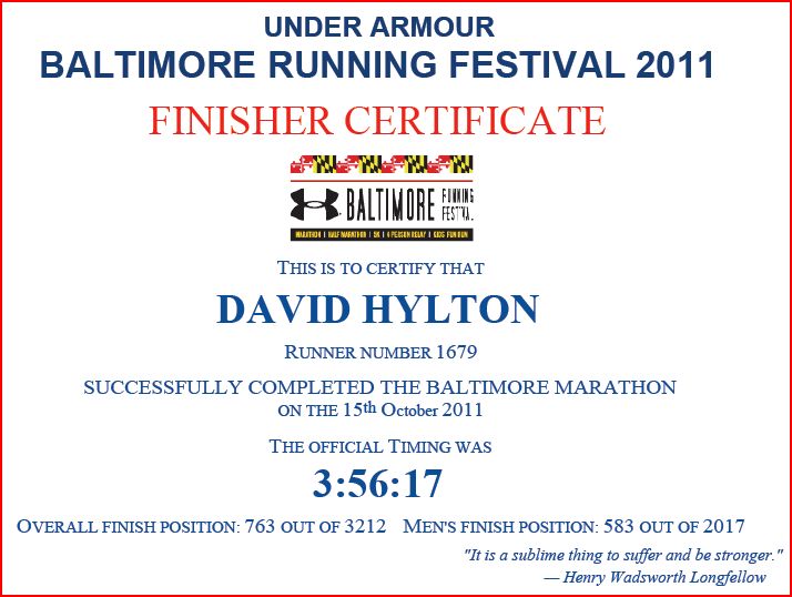 Baltimore Marathon finisher certificate