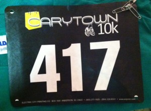 Carytown 10k bib, Richmond, Va.